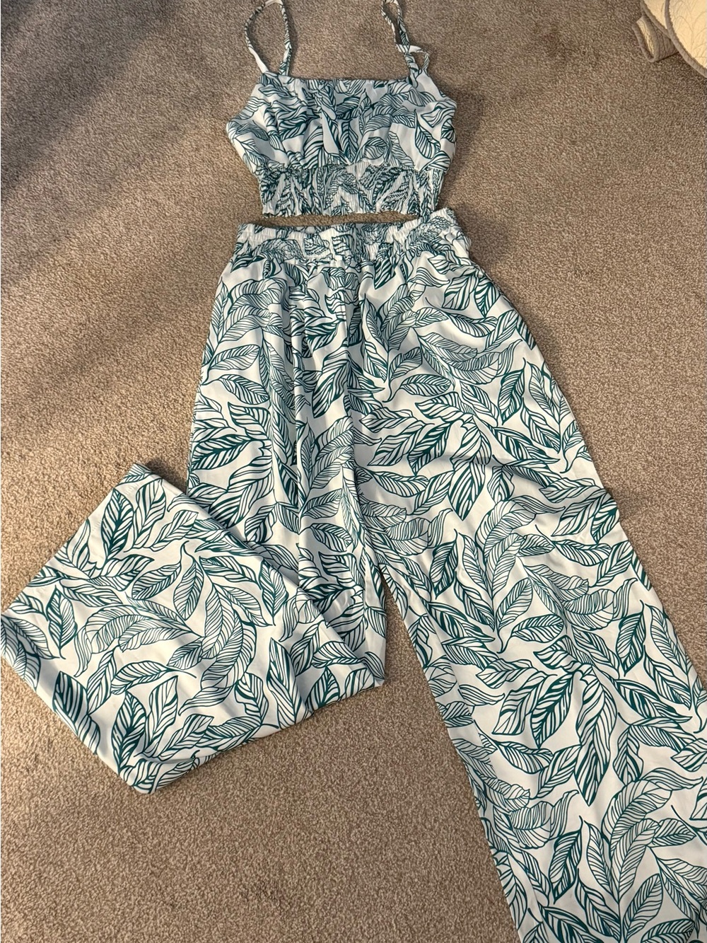 SHEIN White & Teal Leaf Print Wide Leg Jumpsuit